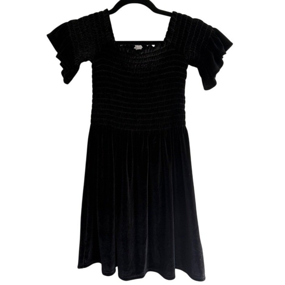 Urban Outfitters Womens Black Plush Velvet‎ Smocked Ruffle Sleeve Mini Dress XS - Picture 1 of 9